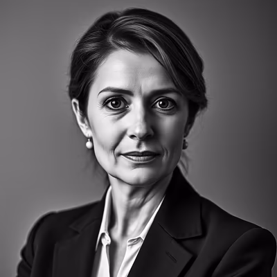 A portrait of a woman in professional attire, looking confidently at the camera in black and white.
