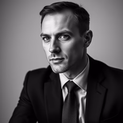 A black and white portrait of a serious-looking man in a suit.