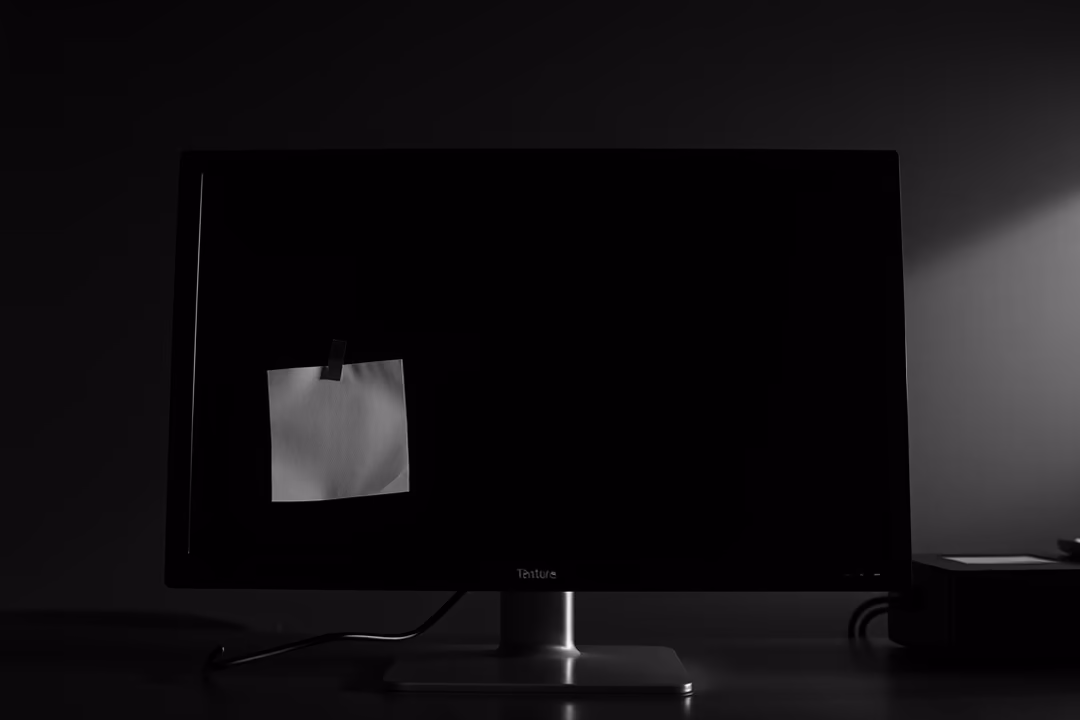 A blank computer monitor with a white sticky note attached to it, set against a dark background.