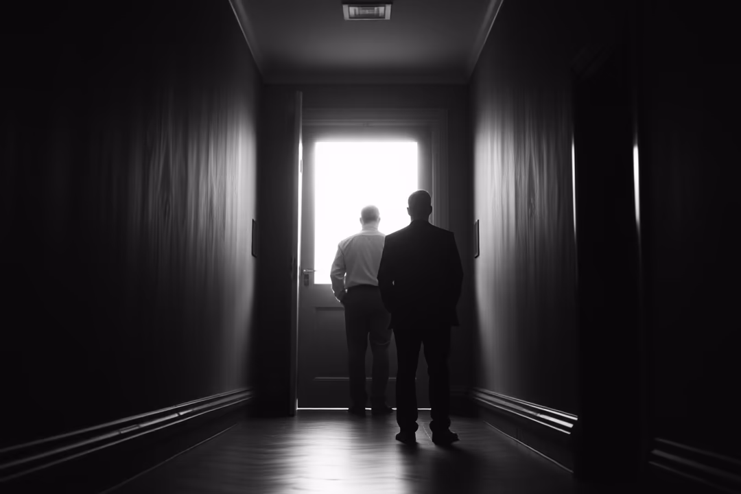Two figures stand in a dimly lit hallway, facing a brightly lit door at the end.
