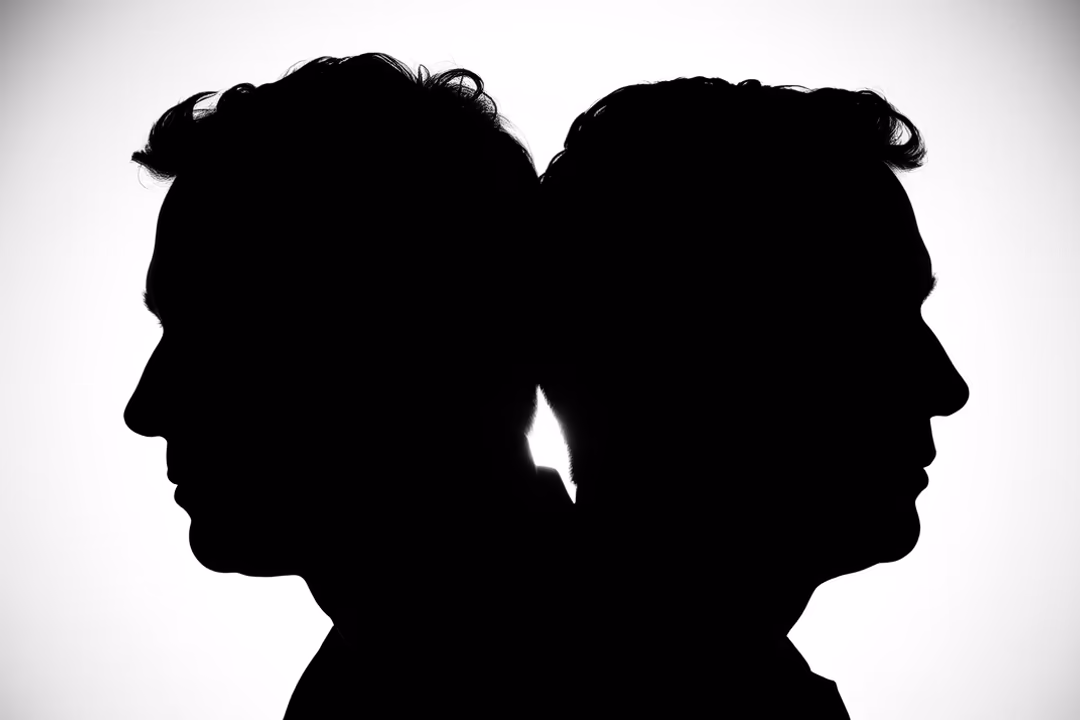 Silhouettes of two men facing away from each other against a bright background.