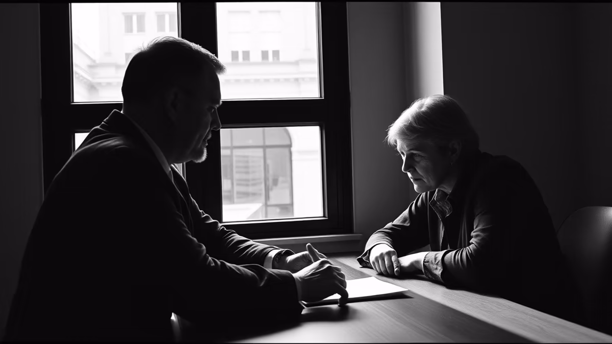 A black and white image of two people in profile seated at a table, engaged in a serious conversation near a window.