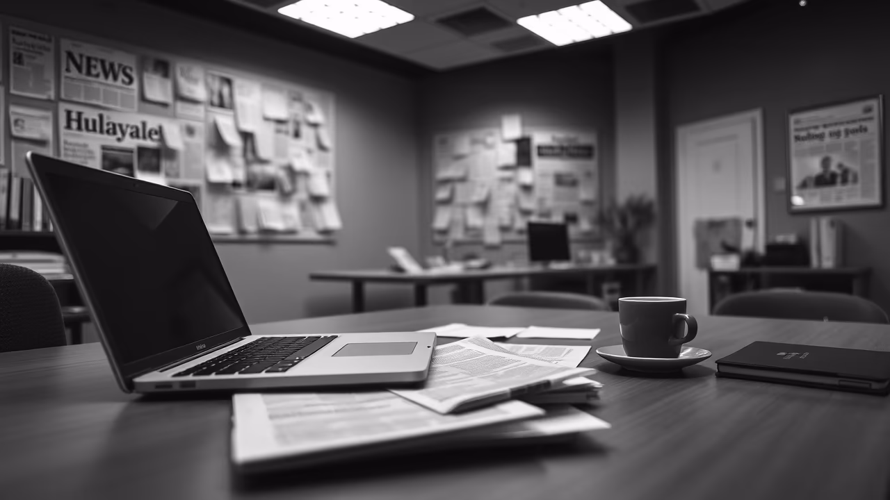 A laptop with documents and a cup of coffee on a table in a modern office space with news clippings on the walls.